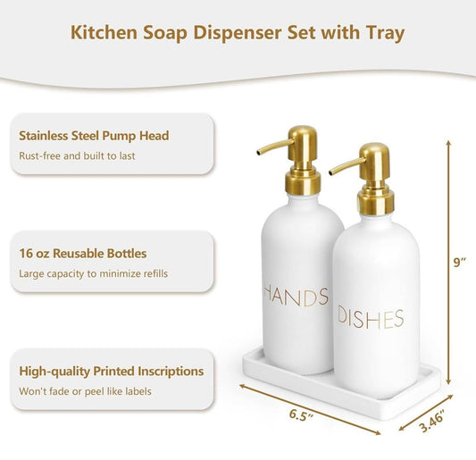 GLASS/ GOLD TRIM DISH AND HAND SOAP DISPENSER SET