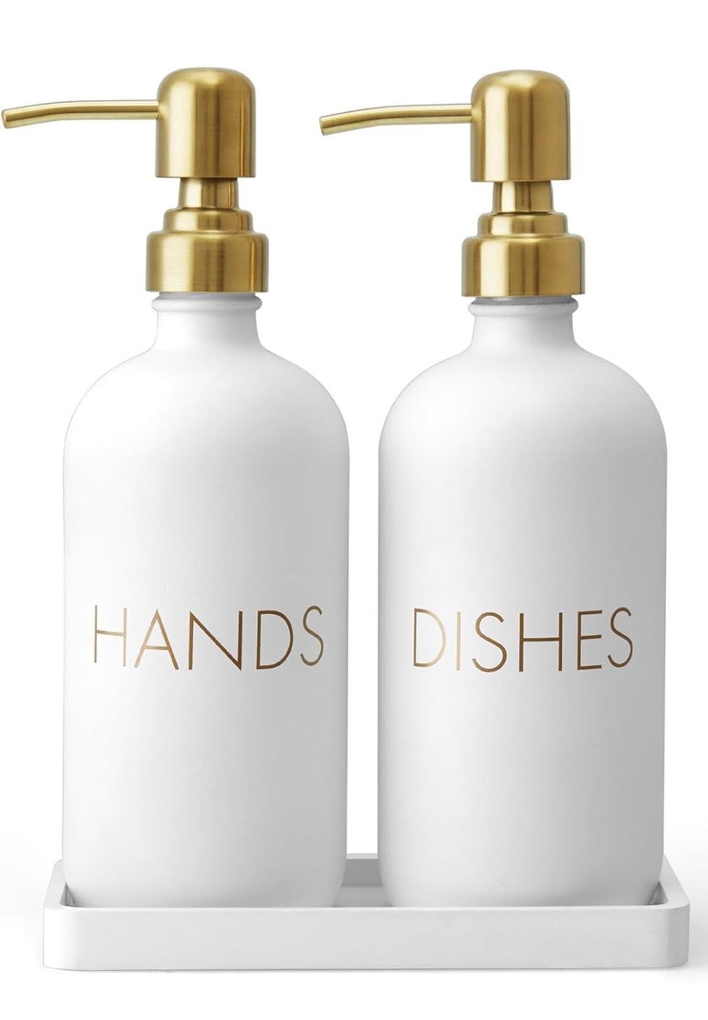 GLASS/ GOLD TRIM DISH AND HAND SOAP DISPENSER SET