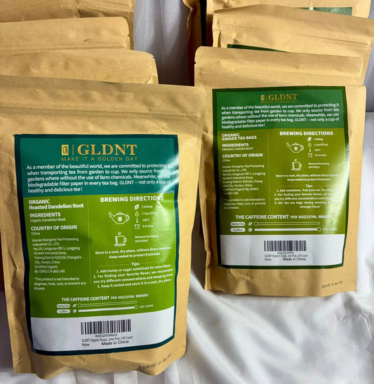 GLDNT ORGANIC ROASTED DANDELION ROOT or GINGER TEA BAGS 100 CT