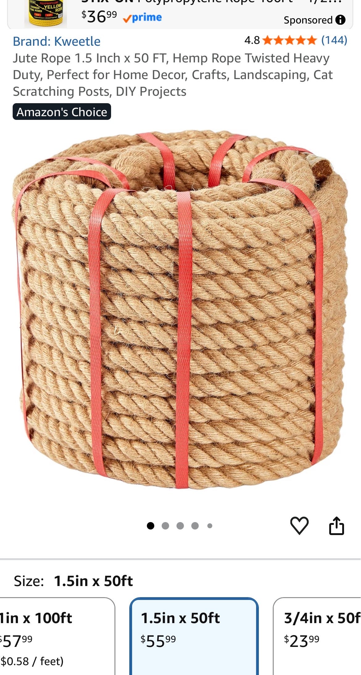 Jute Rope 1.5 Inch x 50 FT, Hemp Rope Twisted Heavy Duty,