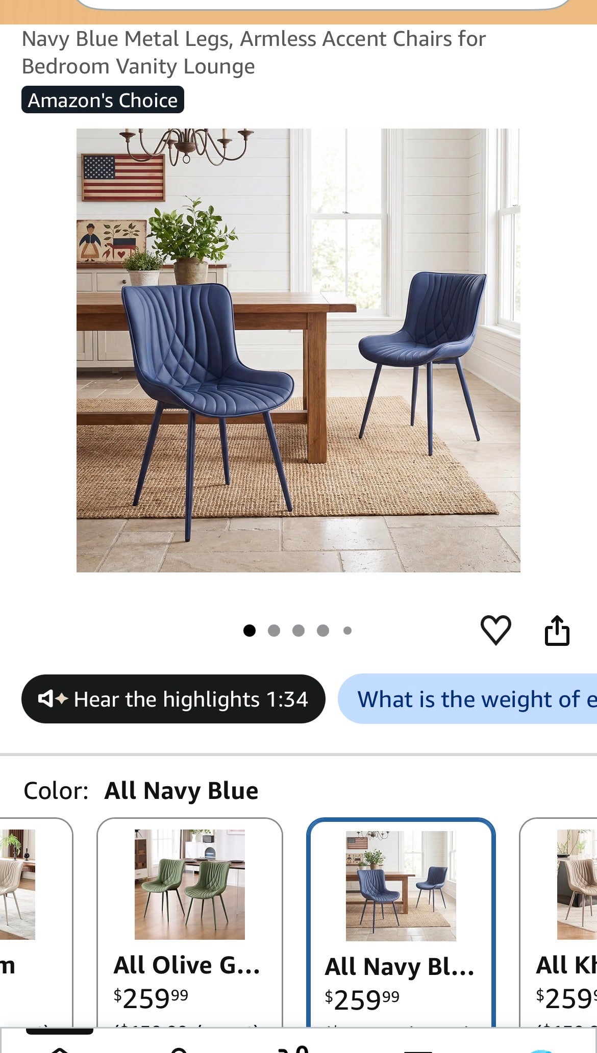 Navy Blue Dining Chairs Set of 2, Mid Century Modern Comfy