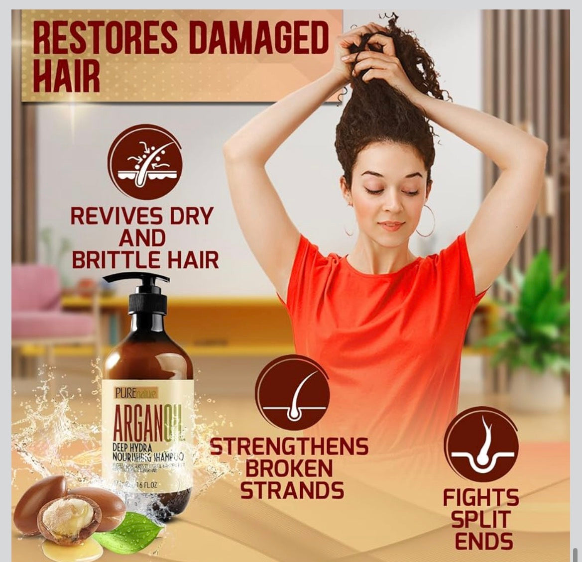 Moroccan Argan Oil Shampoo -16oz, Sulfate SLS Paraben Free Moisturizing Treatment