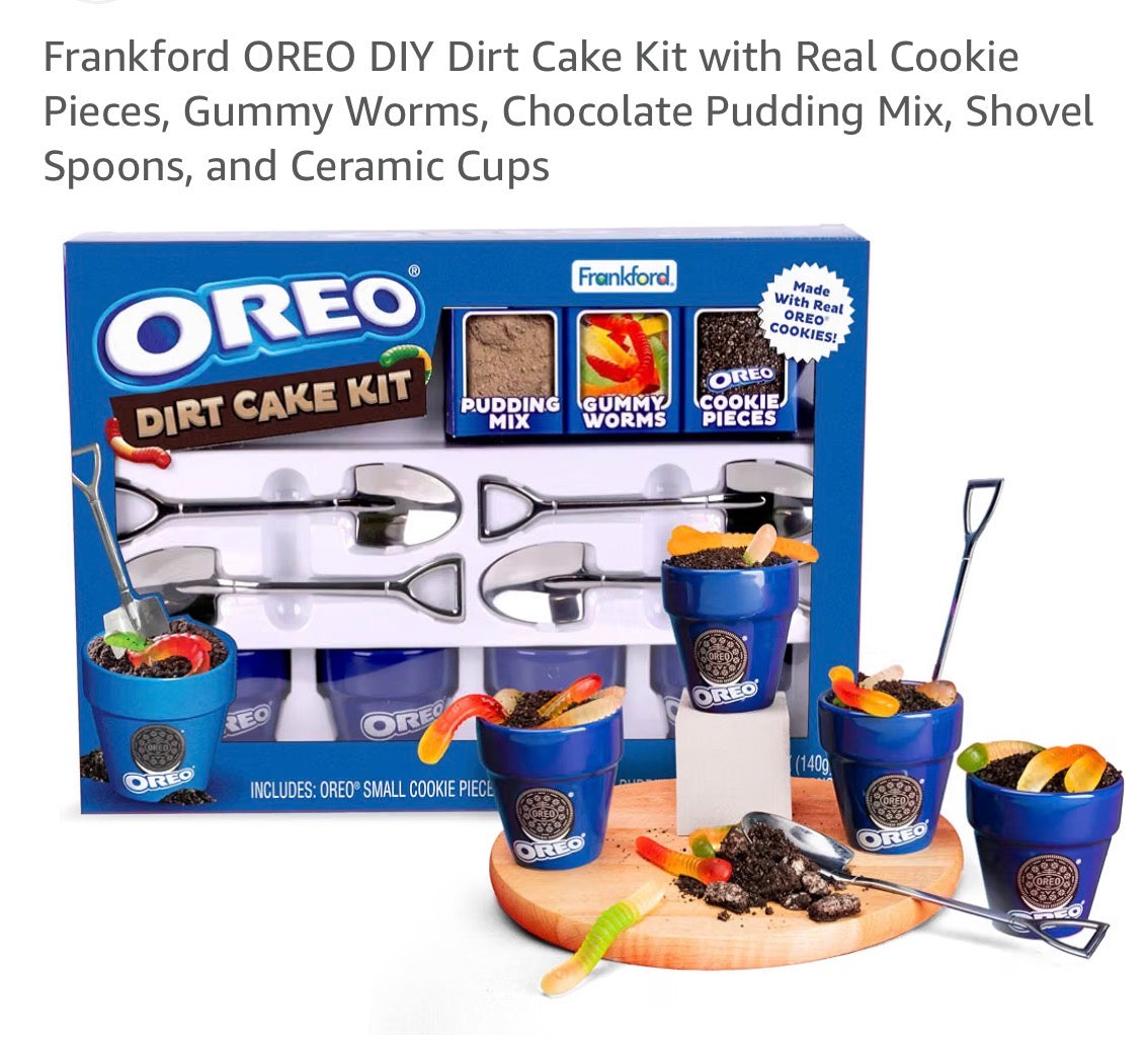 Frankford OREO DIY Dirt Cake Kit with Real Cookie Pieces, Gummy Worms, Chocolate Pudding Mix, Shovel Spoons, and Ceramic Cups