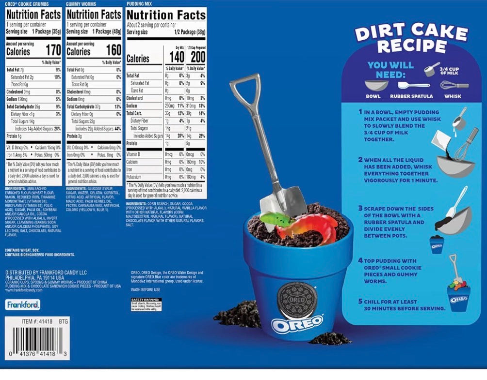 Frankford OREO DIY Dirt Cake Kit with Real Cookie Pieces, Gummy Worms, Chocolate Pudding Mix, Shovel Spoons, and Ceramic Cups