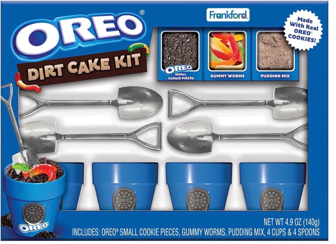 Frankford OREO DIY Dirt Cake Kit with Real Cookie Pieces, Gummy Worms, Chocolate Pudding Mix, Shovel Spoons, and Ceramic Cups