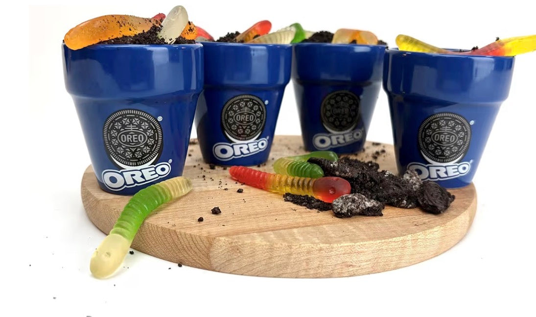 Frankford OREO DIY Dirt Cake Kit with Real Cookie Pieces, Gummy Worms, Chocolate Pudding Mix, Shovel Spoons, and Ceramic Cups