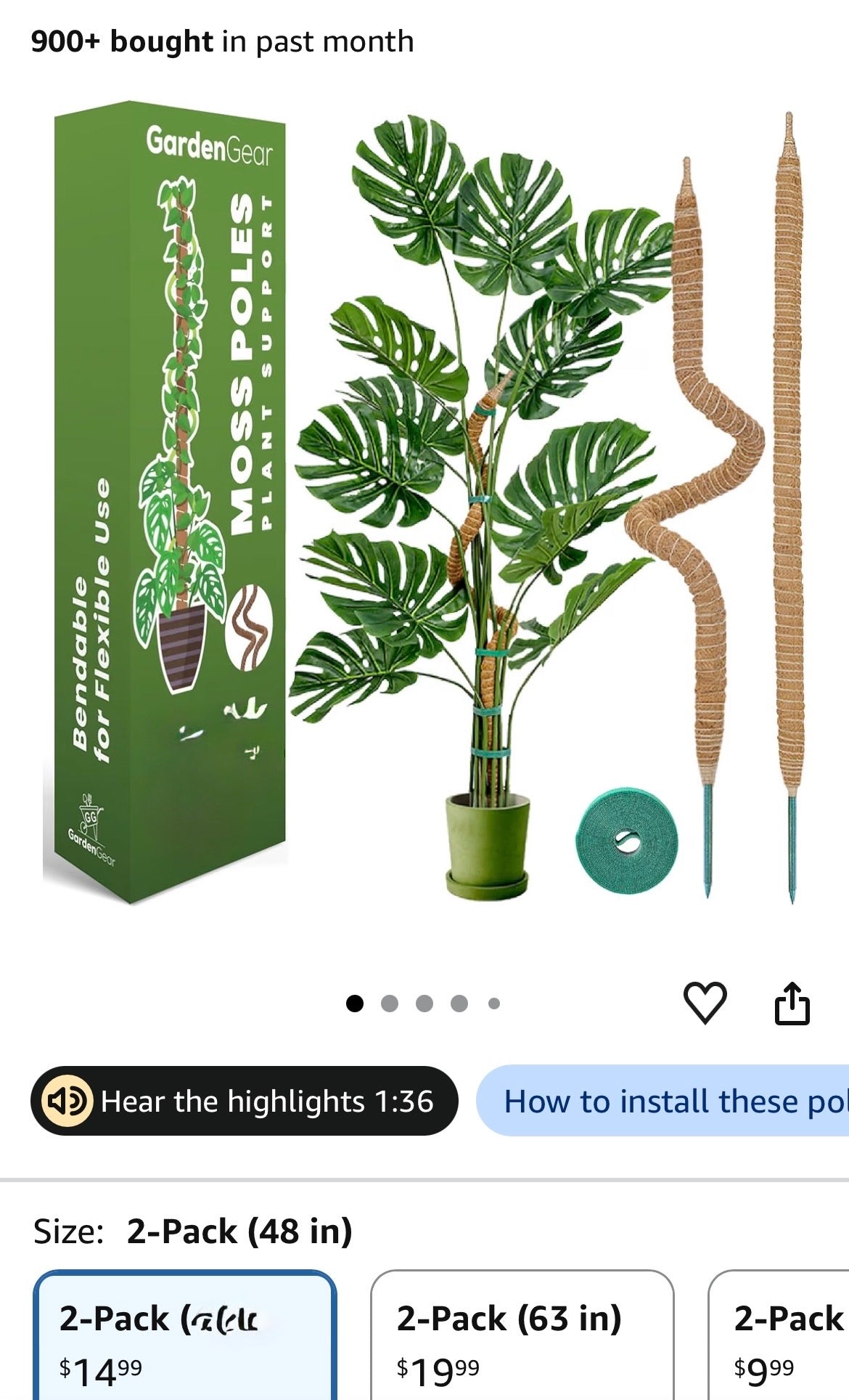 Pack 46" Bendable Moss Pole Monstera Plant Support for Climbing Indoor Plants