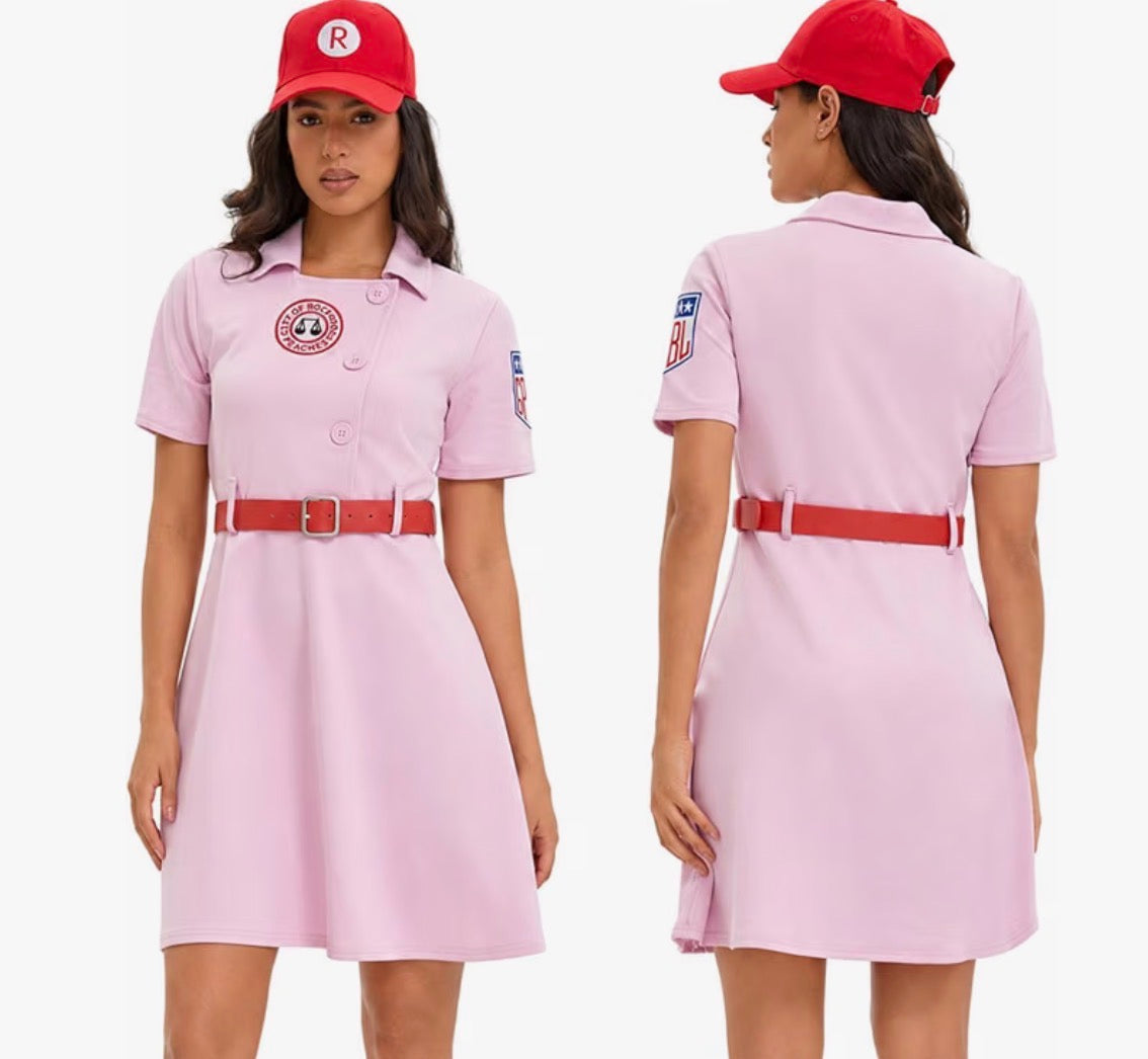 Women's Baseball Costume, Pink Dress with Belt and Cap @ Bat 2XL
