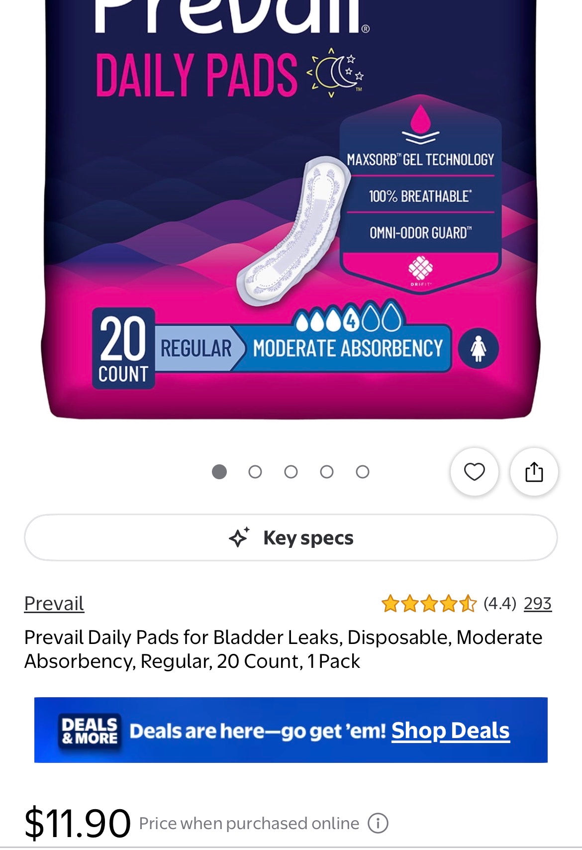 Prevail Daily Pads for Bladder Leaks