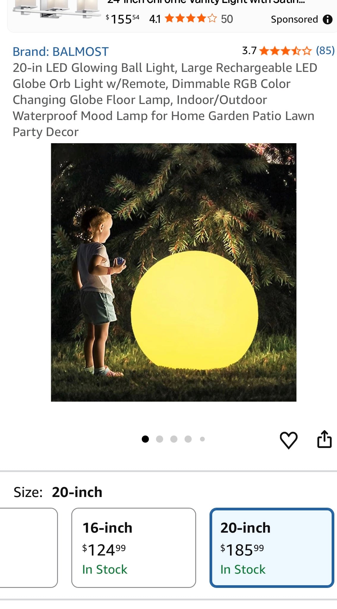 20'' LED GLOWING BALL RECHARGEABLE ORB LIGHT W/REMOTE