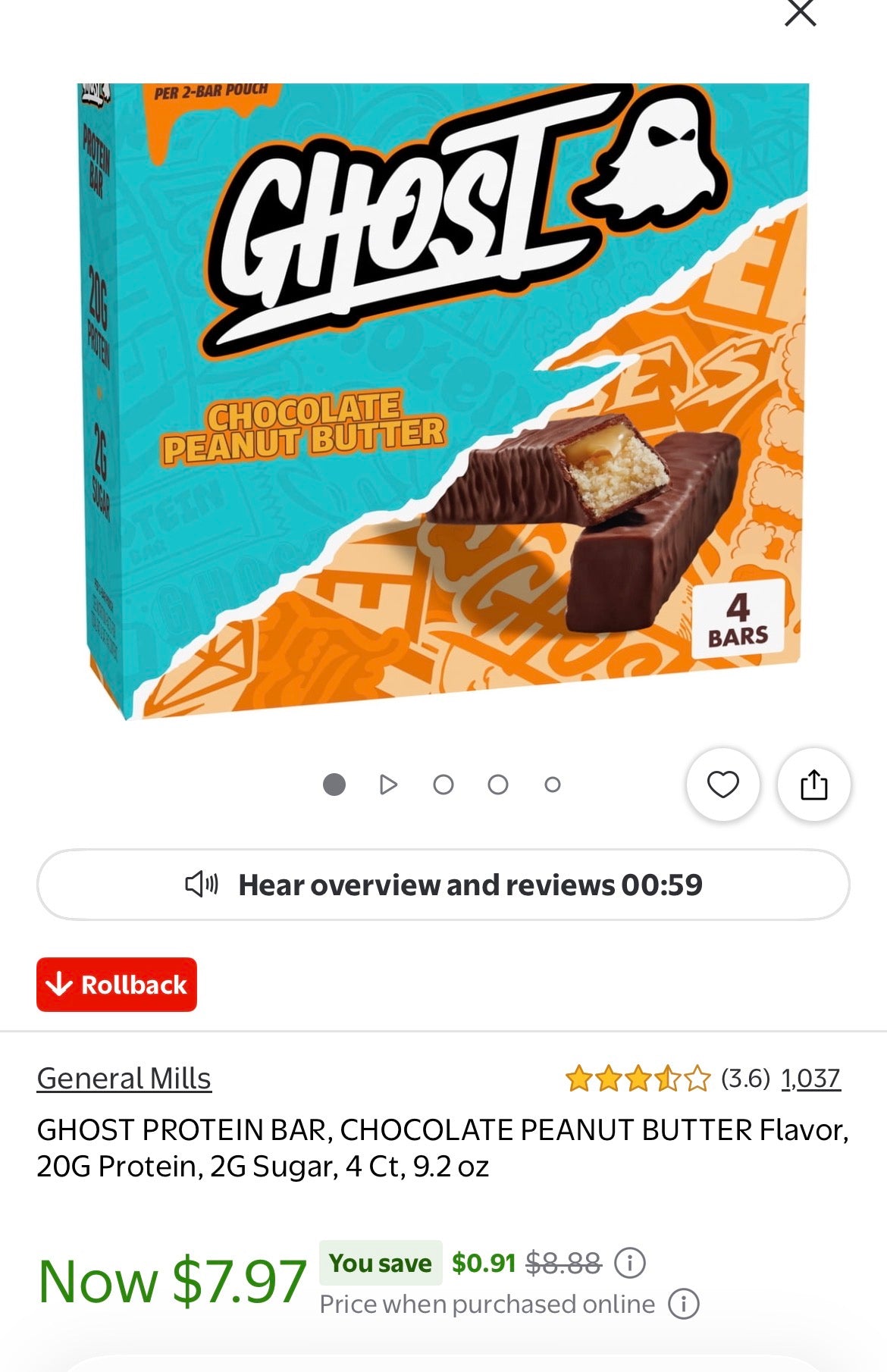 GHOST PROTEIN BAR, CHOCOLATE PEANUT BUTTER 4 pk