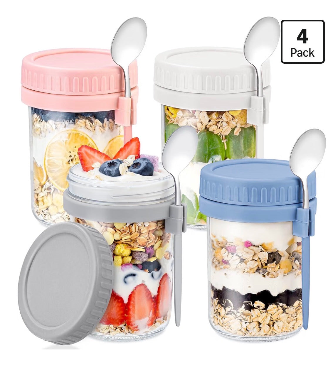 16 Oz Glass Overnight Oats Containers with Lids and Spoon 4 pk