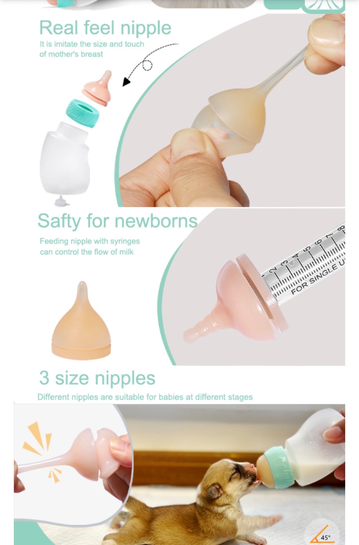 PET FEEDER BOTTLE , SILICONE FEEDING NIPPLE/SYRINGE