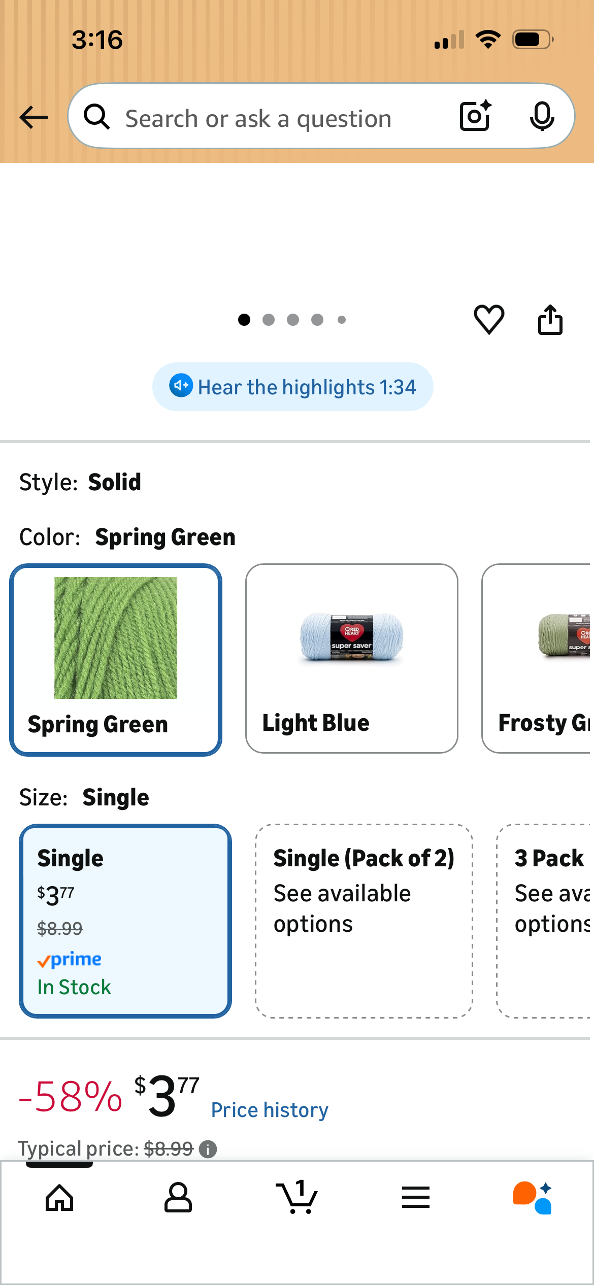 RED HEART SPRING GREEN YARN- 364 yds