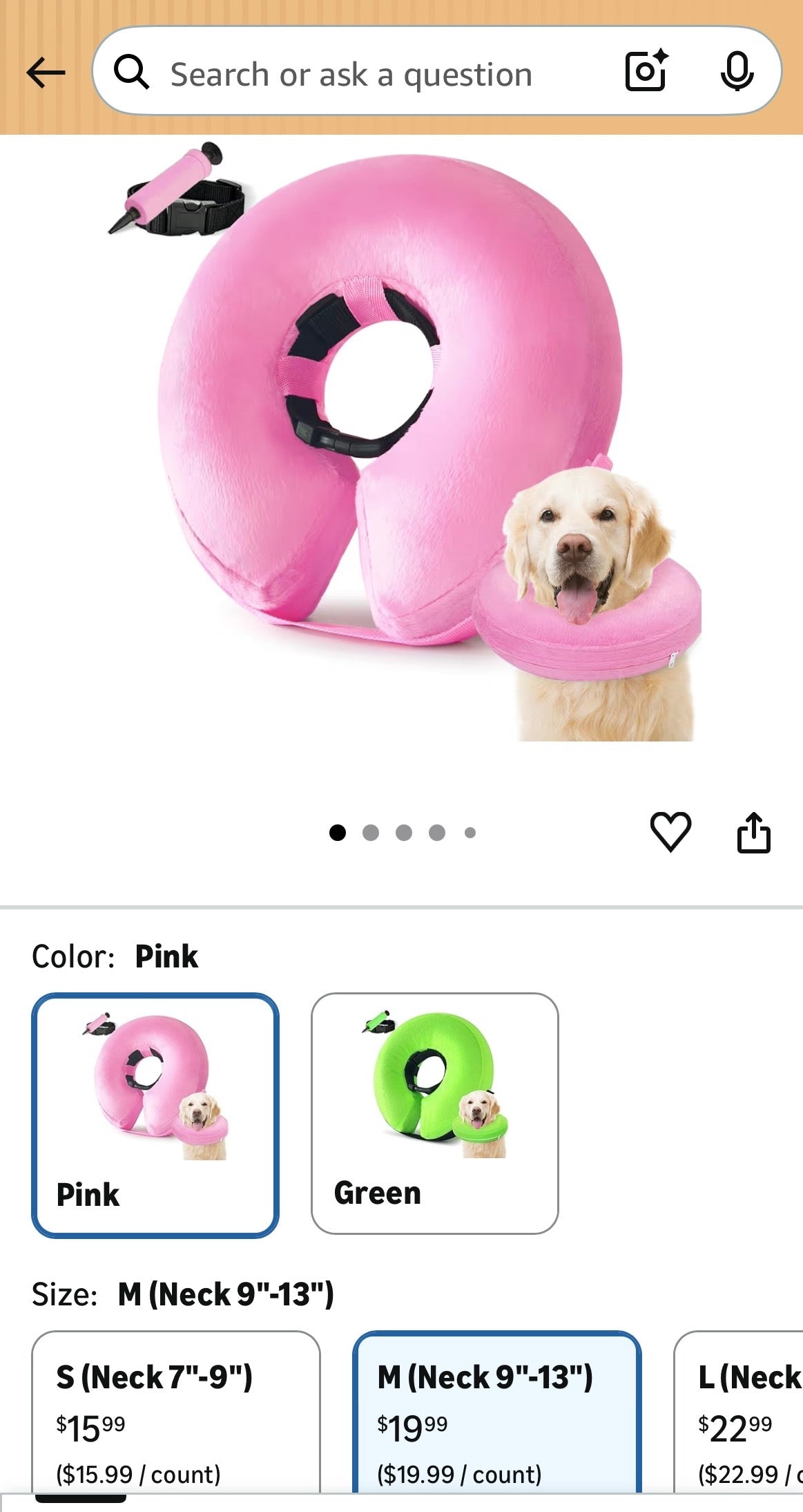 INFLATABLE DOG CONE COLLAR , PINK