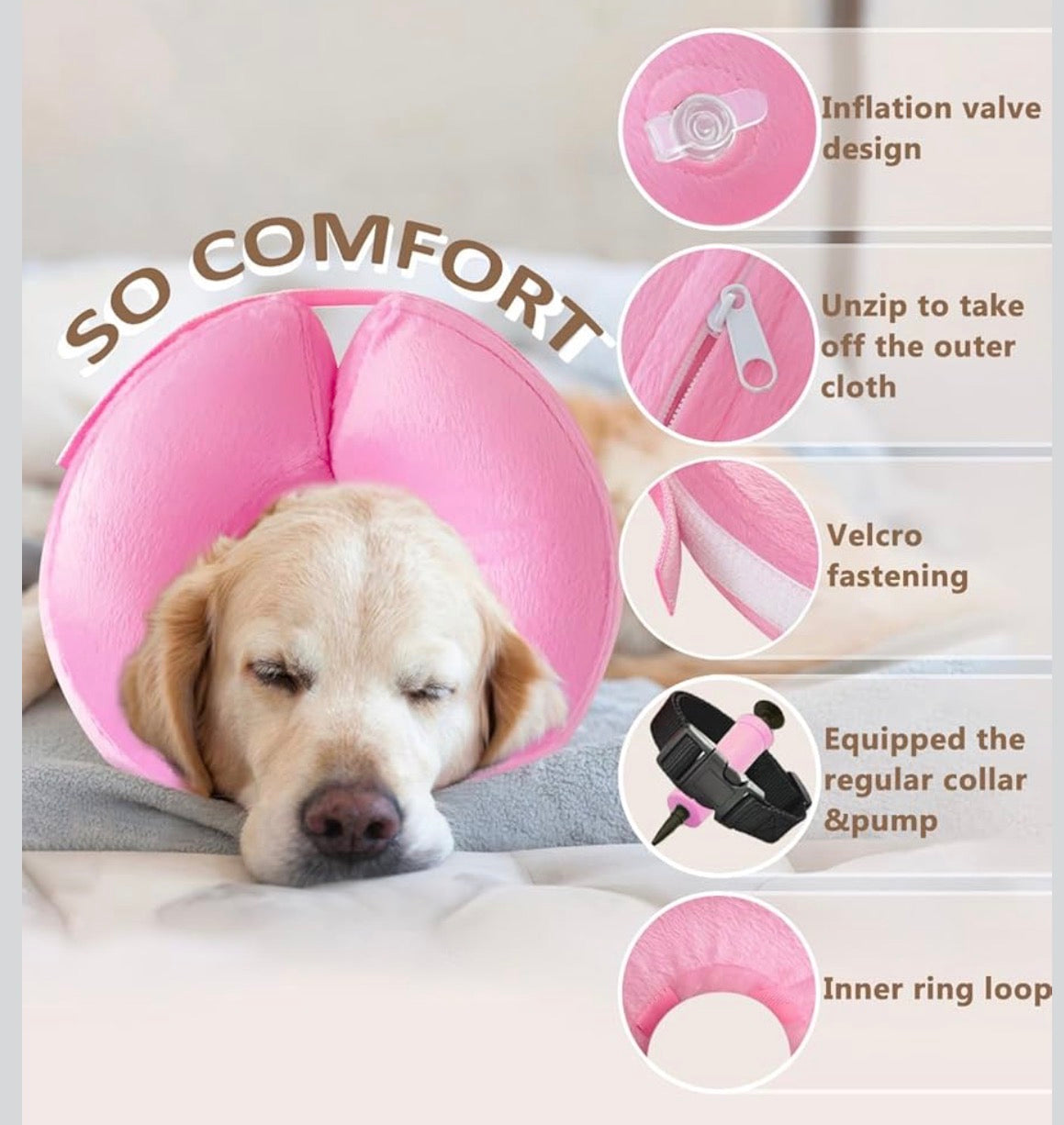 INFLATABLE DOG CONE COLLAR , PINK