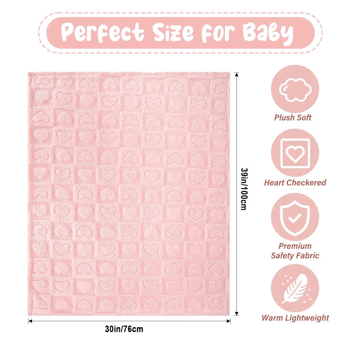 PLUSH SOFT HEART CHECKERED BABY BLANKET 30 x 39