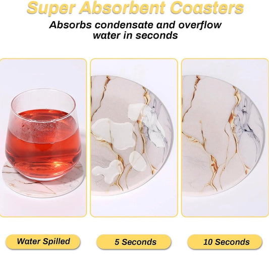 9 piece ceramic coaster set with a gold tone holder