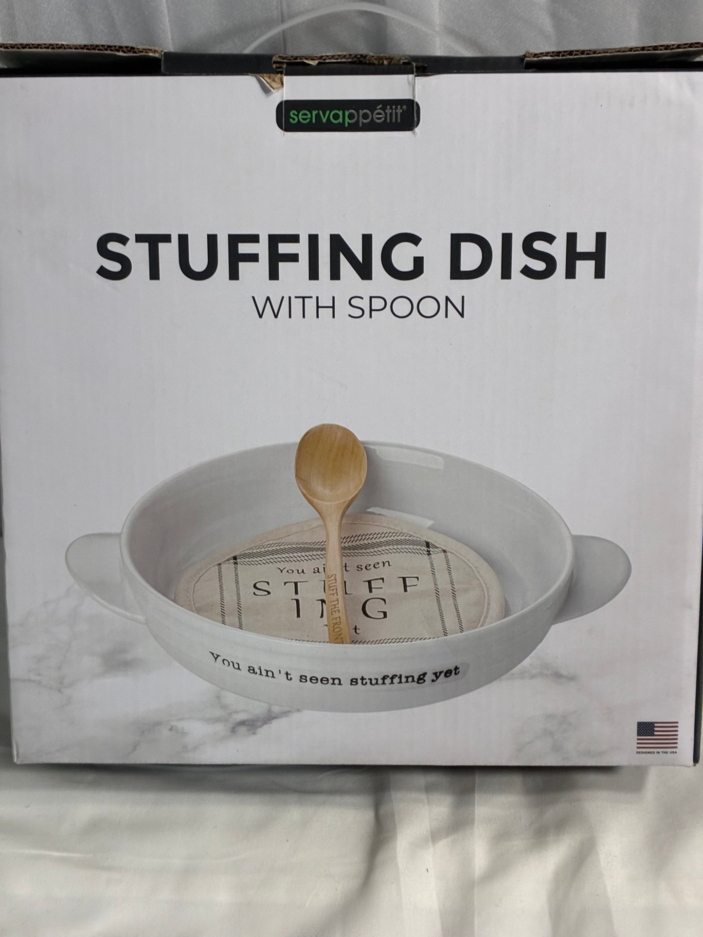 Mud Pie, White, Stuffing Dish & Pot Holder Set,