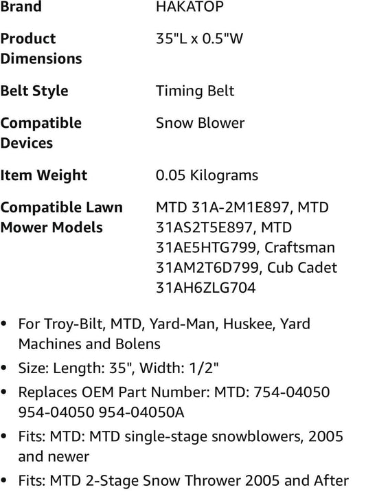 Snowblower Replacement Belt