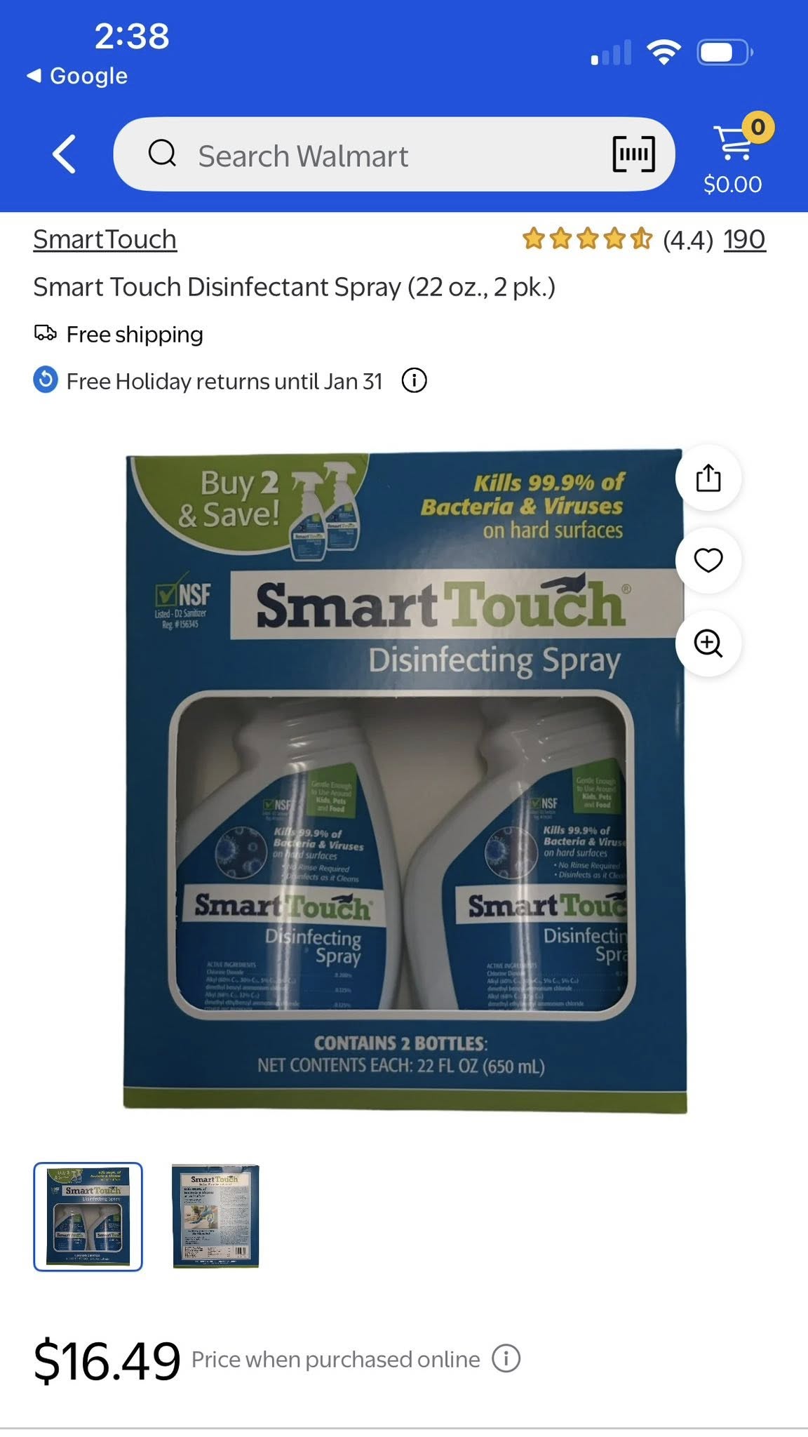 SMART TOUCH DISINFECTING SPRAY 2 PK