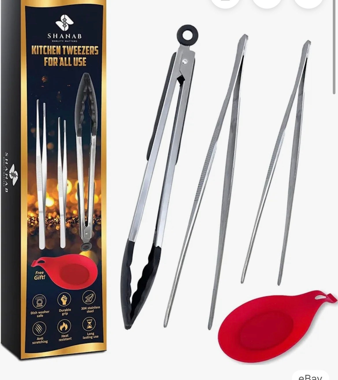 SHANAB 3pcs Stainless Steel Kitchen Tweezers Set with Silicone Cap