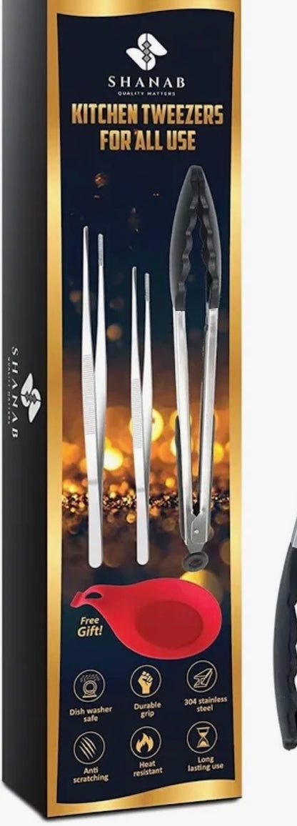 SHANAB 3pcs Stainless Steel Kitchen Tweezers Set with Silicone Cap