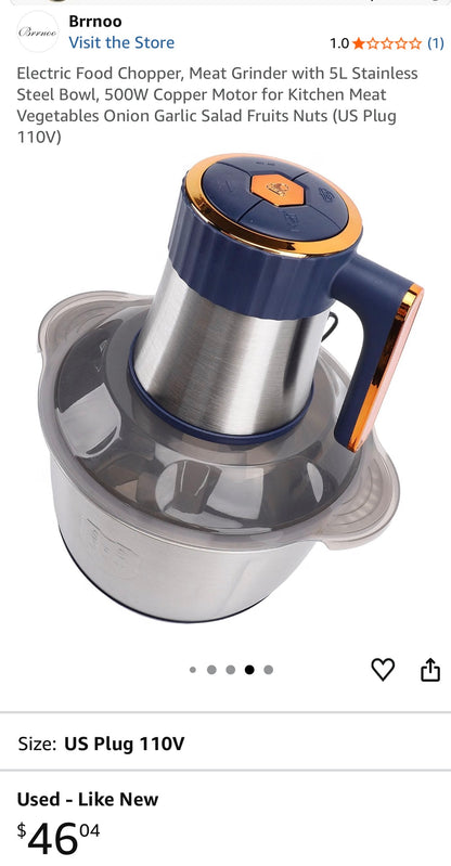 Electric Food Chopper, Meat Grinder with 5L Stainless Steel Bowl,