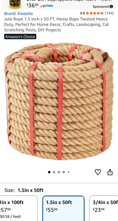 Jute Rope 1.5 Inch x 50 FT, Hemp Rope Twisted Heavy Duty,