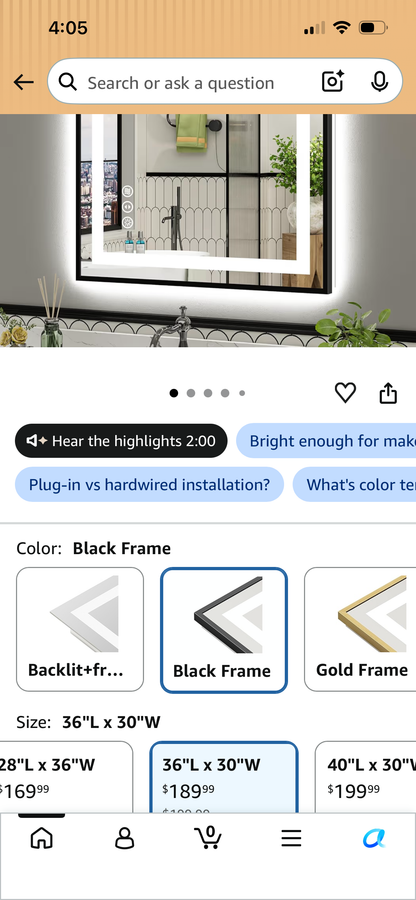 36x30 Inch LED Bathroom Mirror with Black Frame,