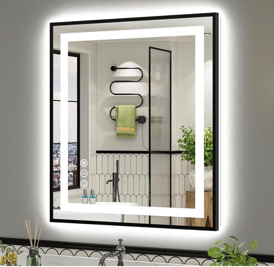 36x30 Inch LED Bathroom Mirror with Black Frame,