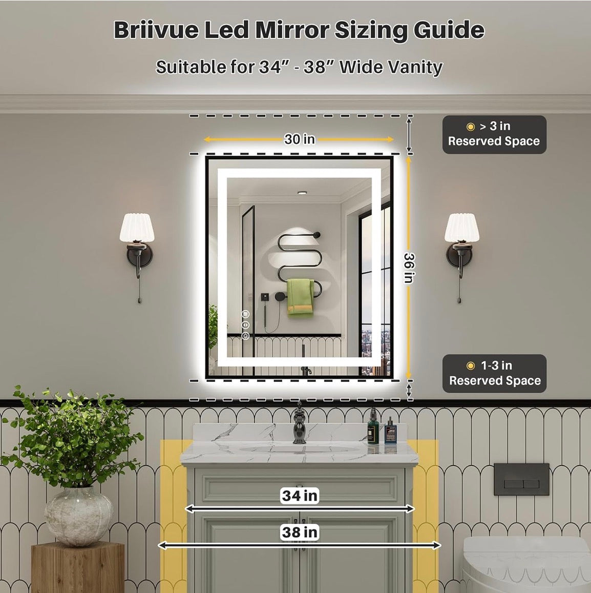 36x30 Inch LED Bathroom Mirror with Black Frame,