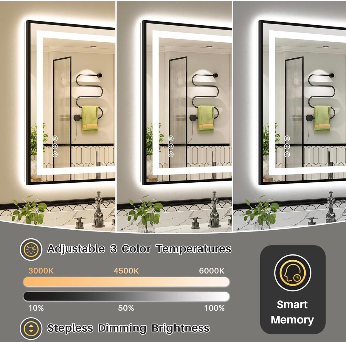 36x30 Inch LED Bathroom Mirror with Black Frame,