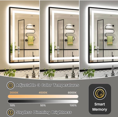 36x30 Inch LED Bathroom Mirror with Black Frame,
