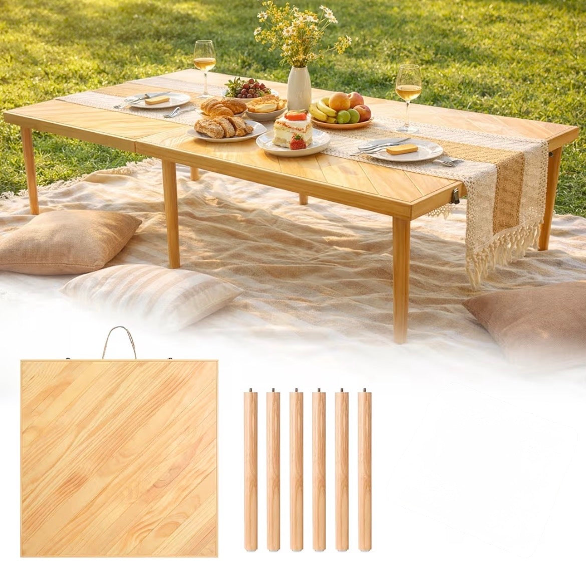 Large Portable Boho Wooden Low Table for Beach, Camping & Backyard Floor Seating