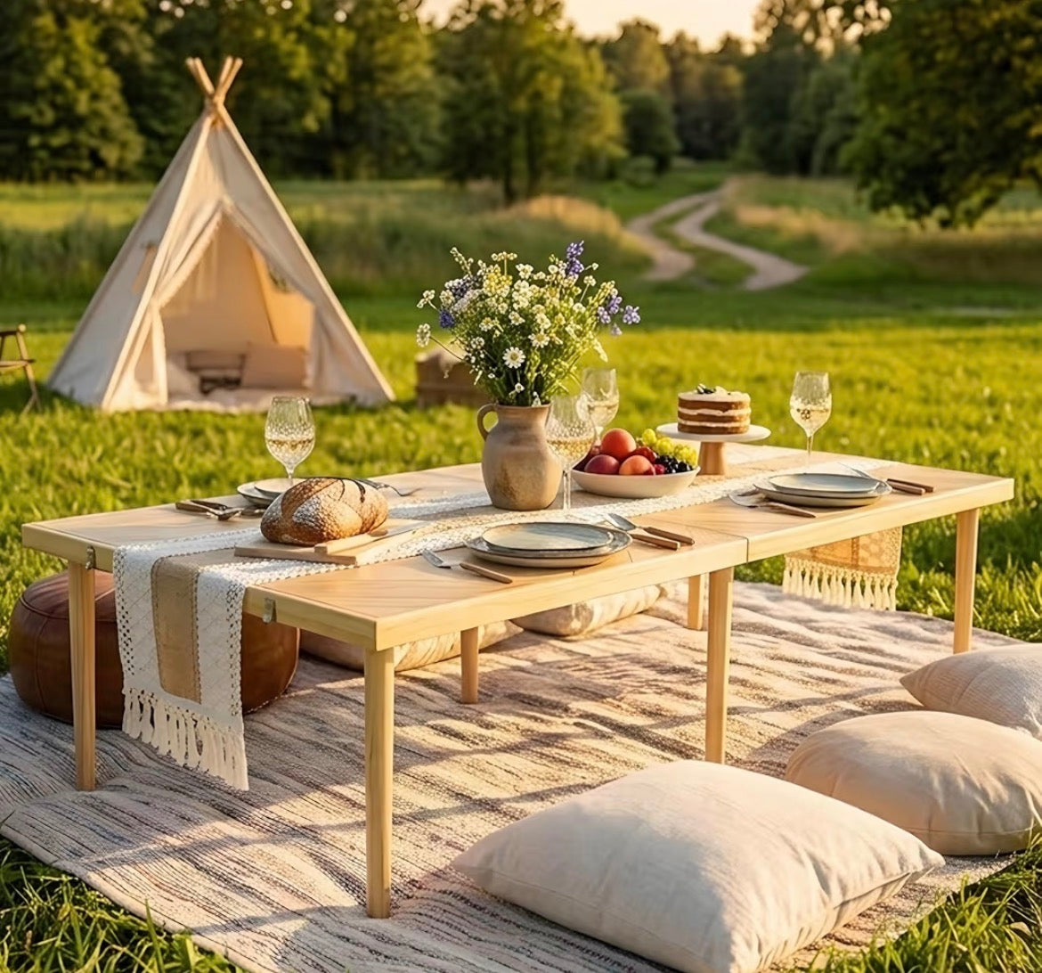 Large Portable Boho Wooden Low Table for Beach, Camping & Backyard Floor Seating