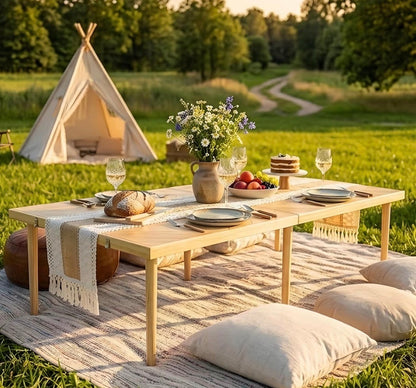 Large Portable Boho Wooden Low Table for Beach, Camping & Backyard Floor Seating