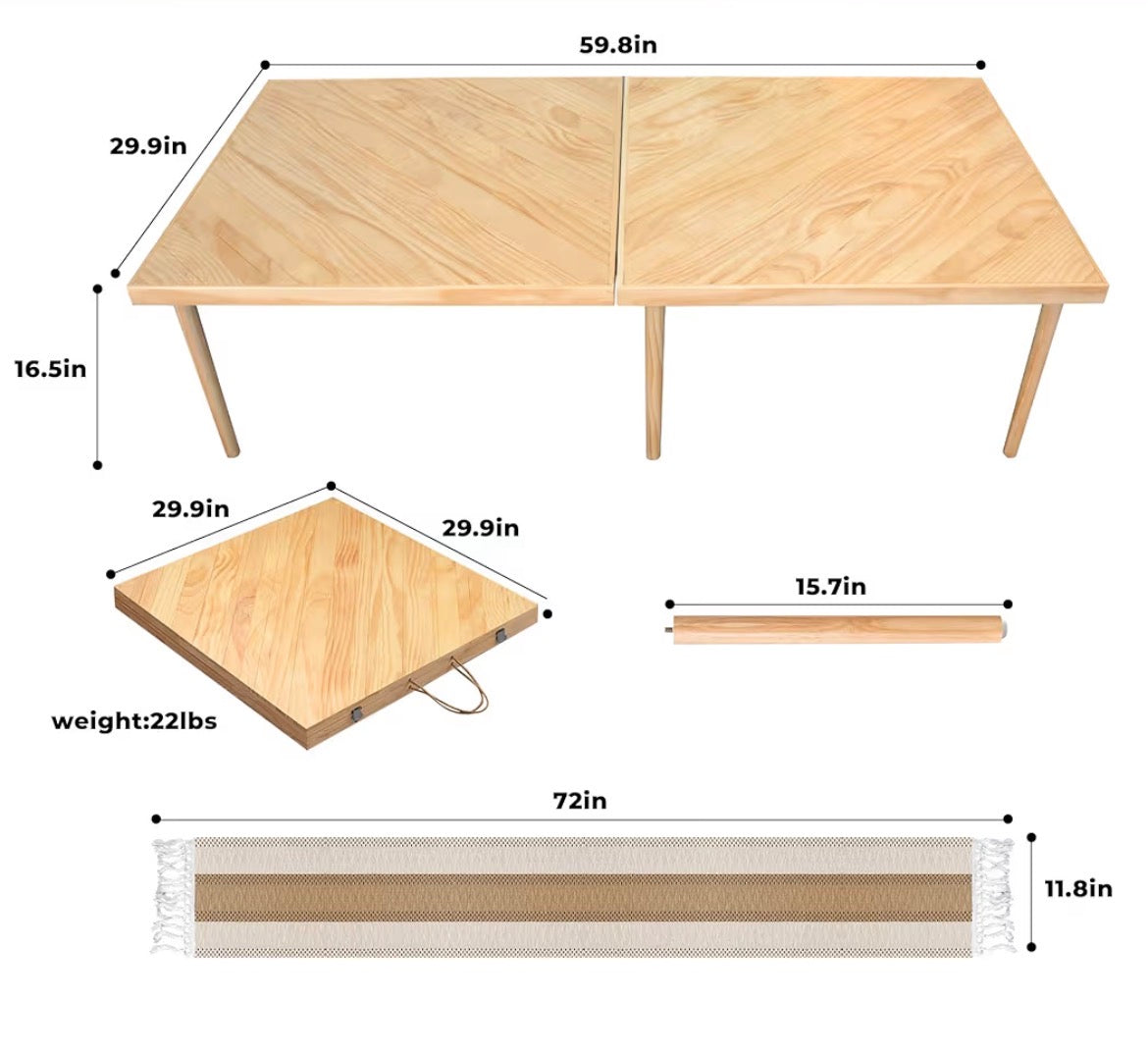 Large Portable Boho Wooden Low Table for Beach, Camping & Backyard Floor Seating