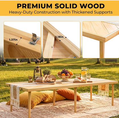 Large Portable Boho Wooden Low Table for Beach, Camping & Backyard Floor Seating