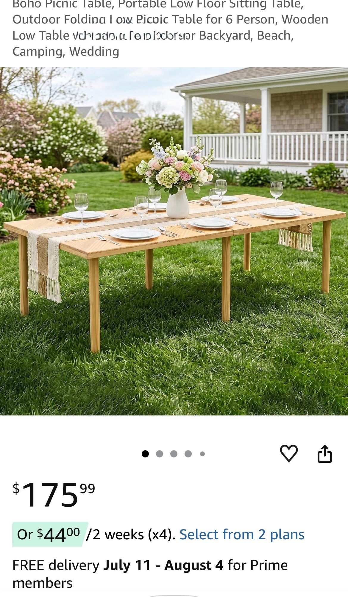 Large Portable Boho Wooden Low Table for Beach, Camping & Backyard Floor Seating