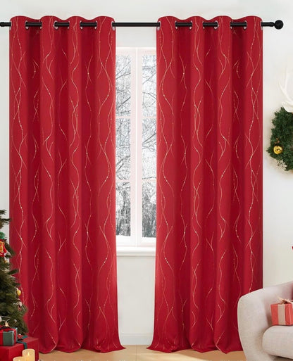 Blackout Gold Foil Wave Lines and Dots, Thermal Curtains 52 x 84