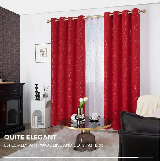 Blackout Gold Foil Wave Lines and Dots, Thermal Curtains 52 x 84