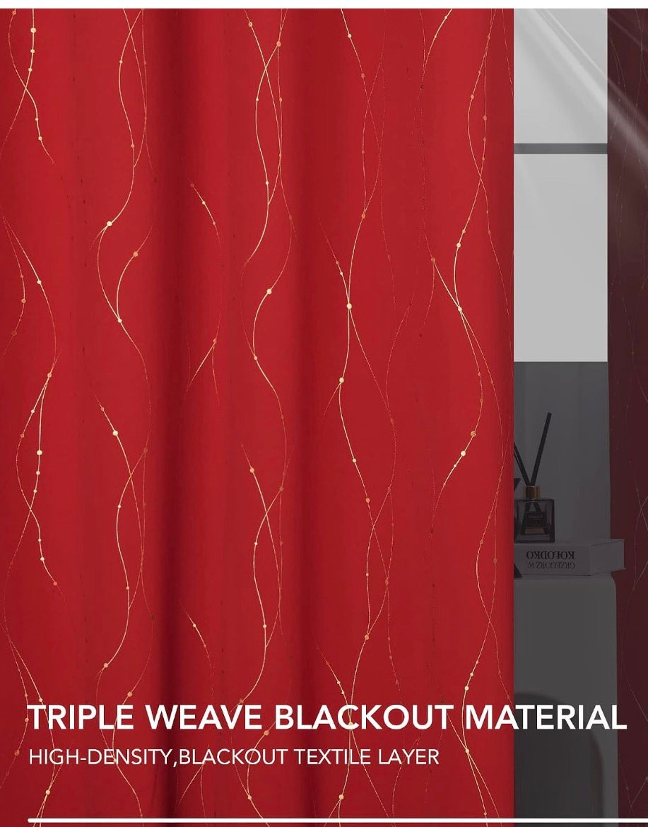 Blackout Gold Foil Wave Lines and Dots, Thermal Curtains 52 x 84
