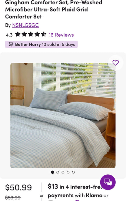 Gingham Comforter Set, Pre-Washed Microfiber Ultra-Soft Plaid