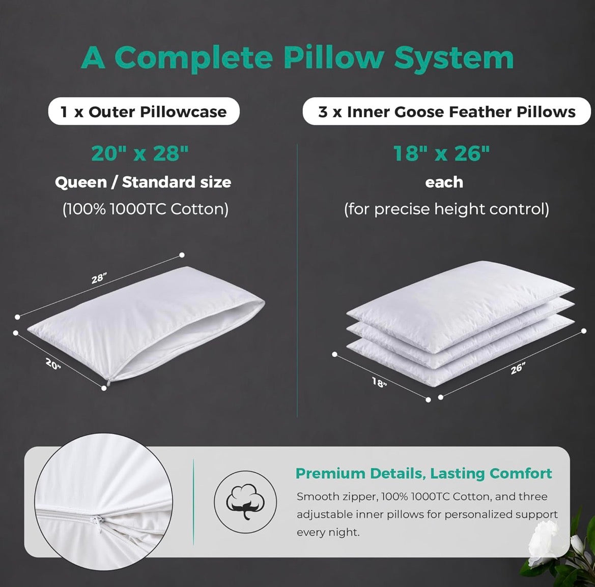 Three Geese Adjustable Layer Goose Feather Pillow,