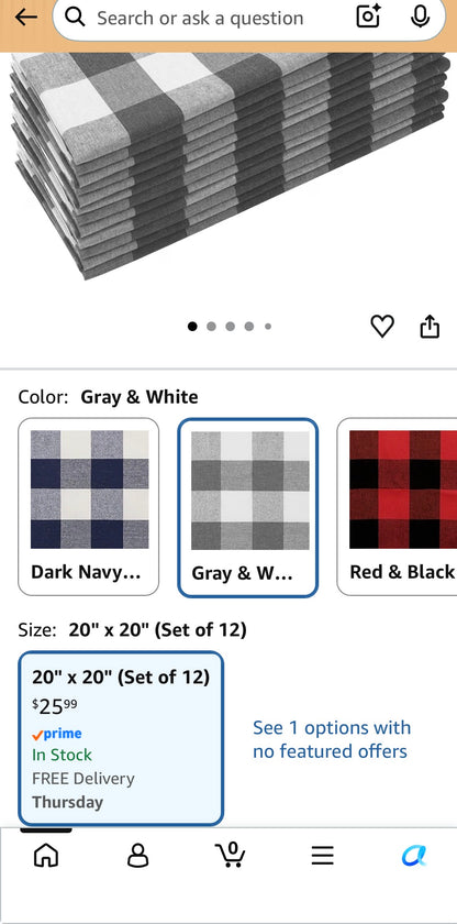 Cotton Blend Buffalo Plaid Table Napkins (Set of 12),