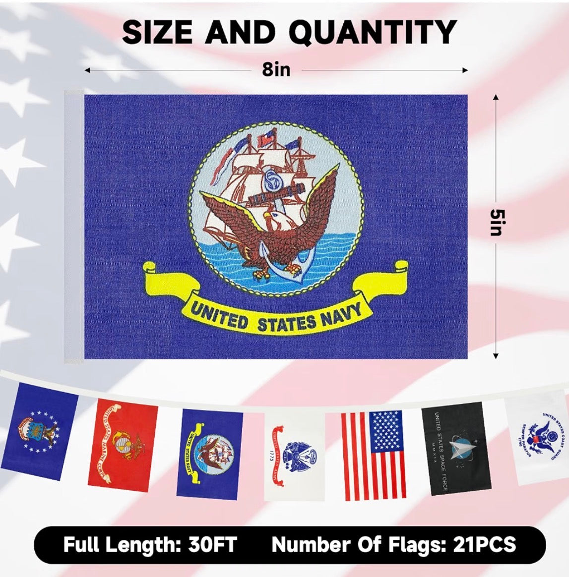 2 STRINGS OF USA MILITARY FLAGS ALL BRANCHES