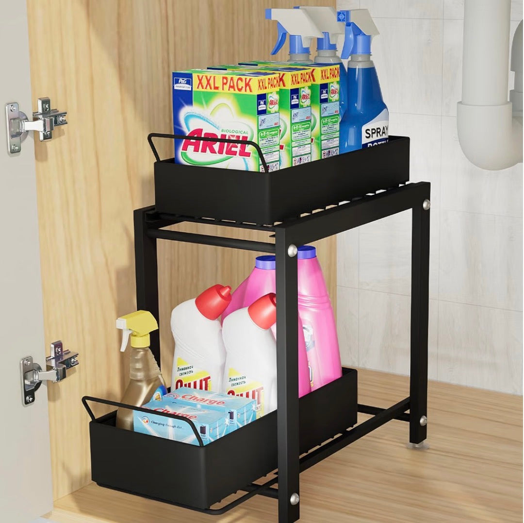 Under Kitchen Sink Organizer, Multi-Purpose Storage Shelf (Black