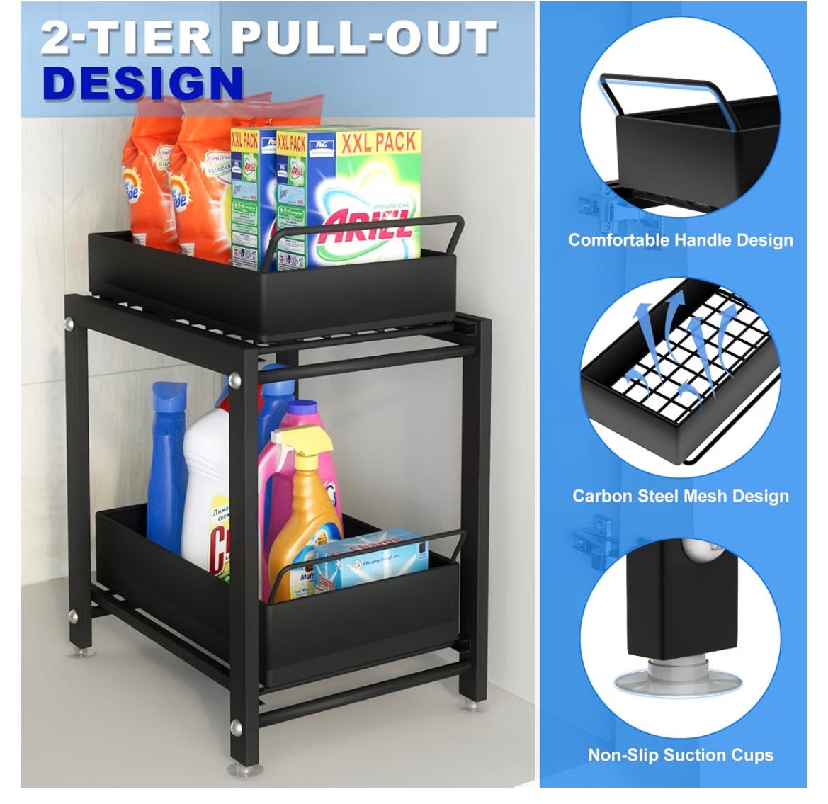 Under Kitchen Sink Organizer, Multi-Purpose Storage Shelf (Black