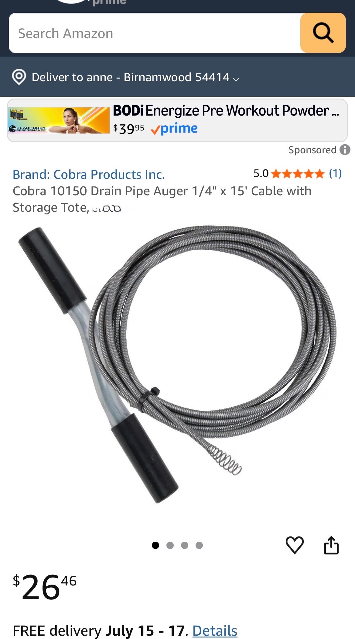 Cobra 10150 Drain Pipe Auger 1/4" × 15' Cable with Storage Tote,